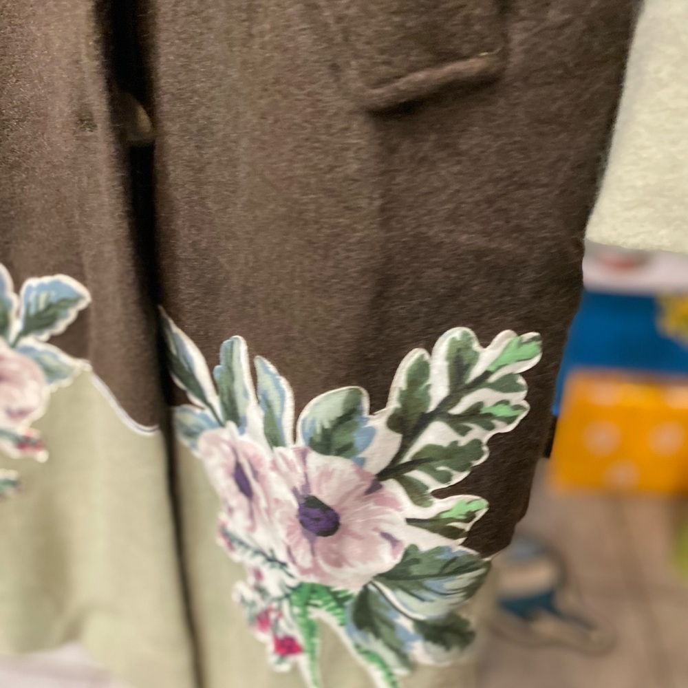 Dark Forest Green Flower Print Wool Coat - Picture 4 of 6